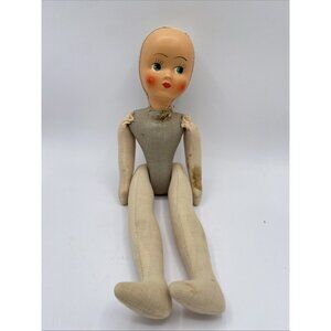 Vintage 16" Polish Cloth Sawdust Doll Celluloid Plastic Head, Hand Painted Face
